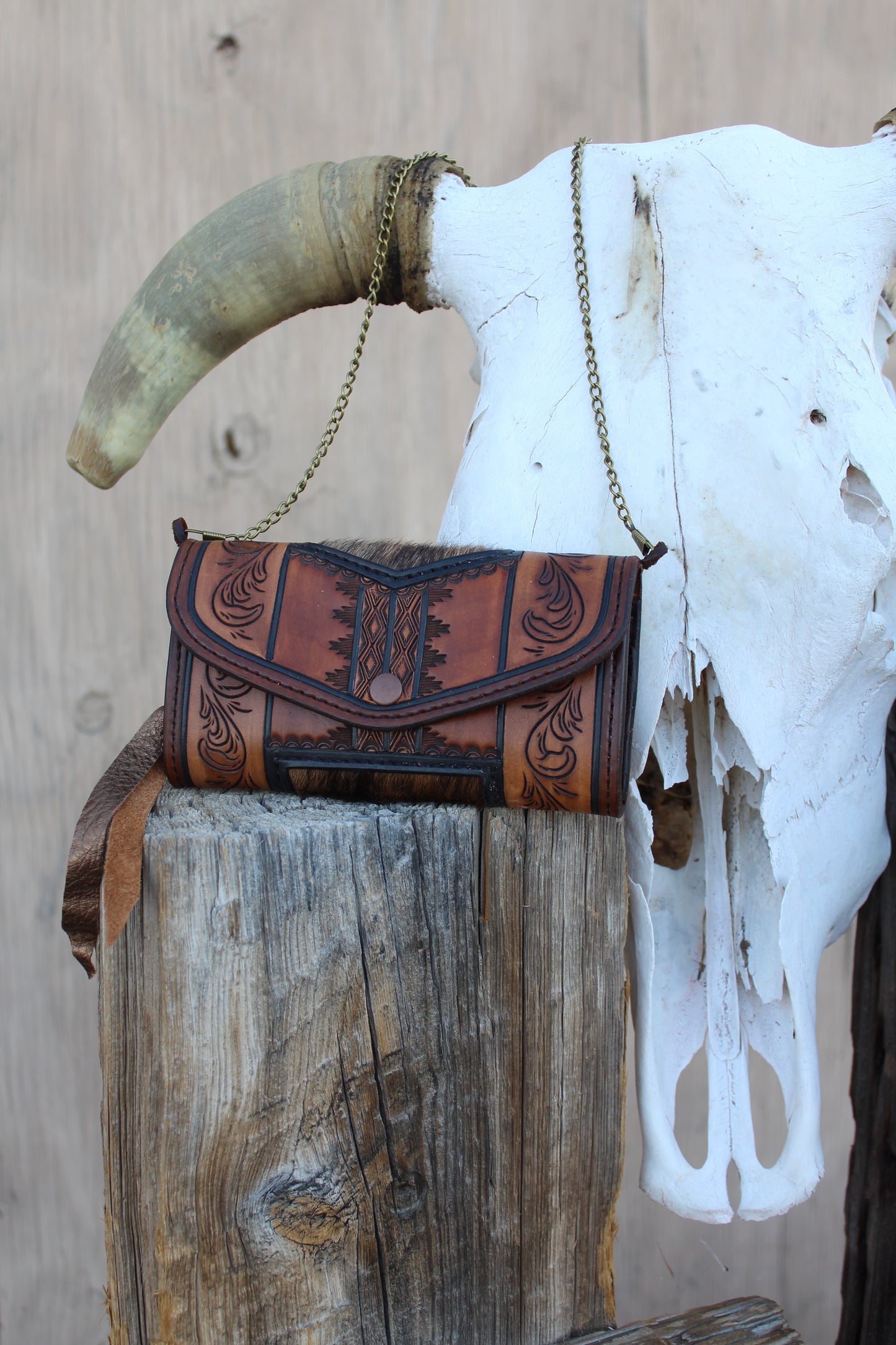 Brindle Cowhide & Tooled Leather Clutch Wallet