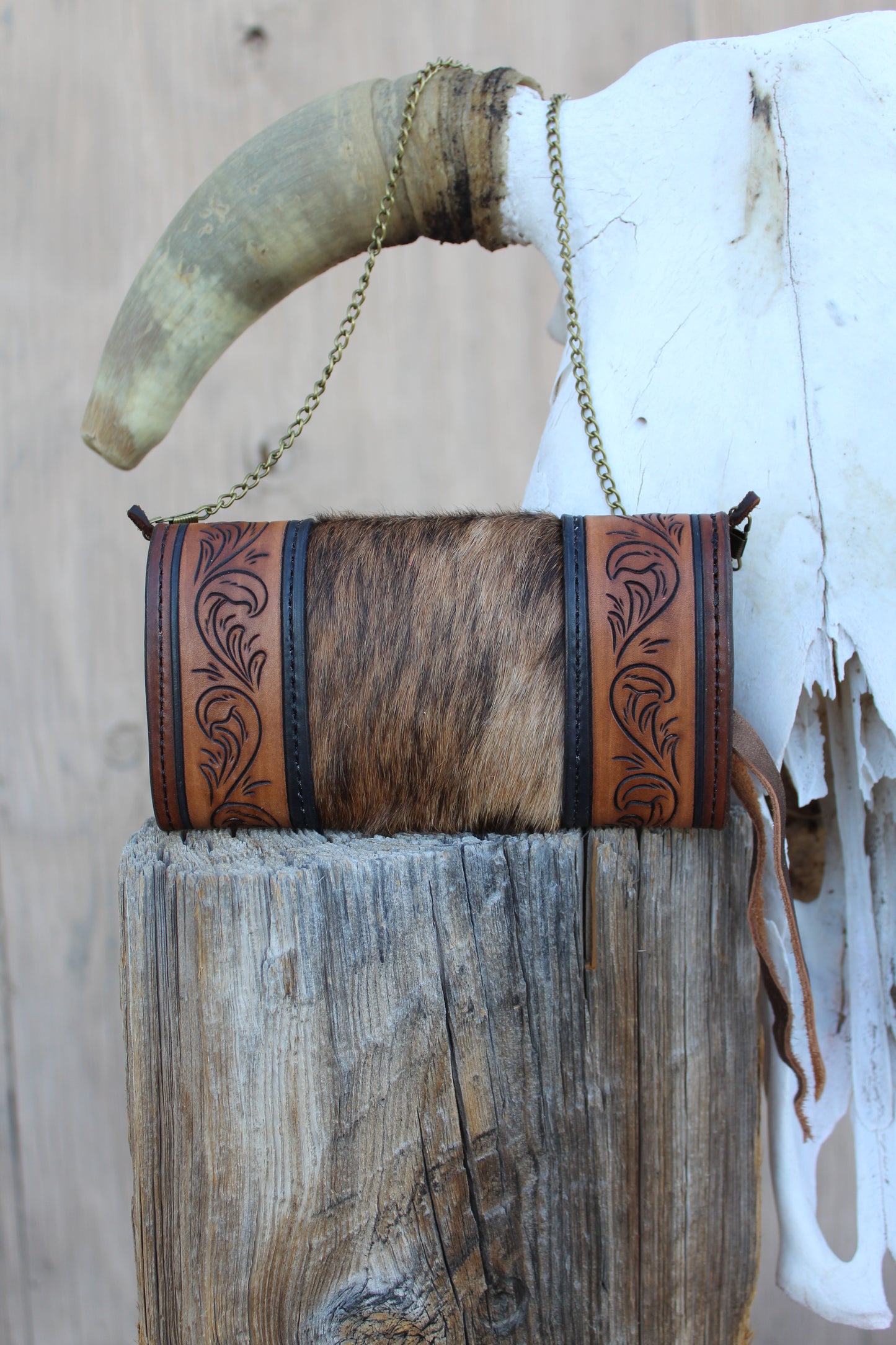 Brindle Cowhide & Tooled Leather Clutch Wallet