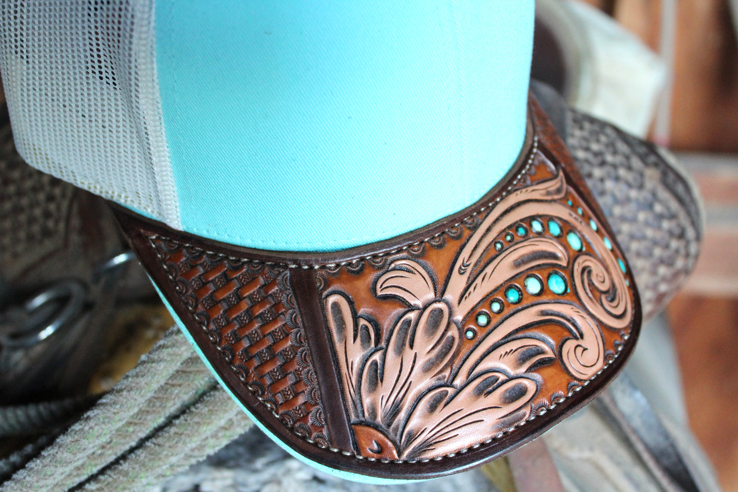 Turquoise Floral & Basket Stamp Brim Hat