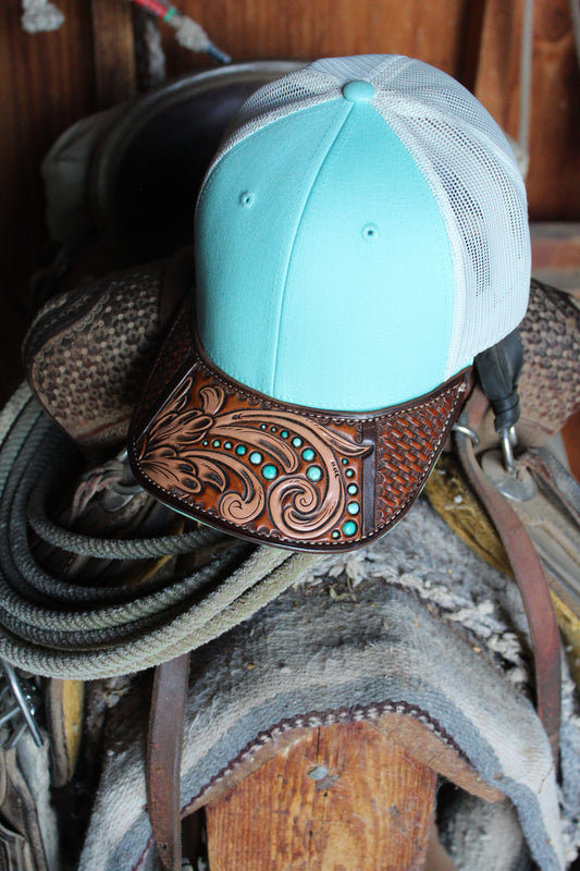 Turquoise Floral & Basket Stamp Brim Hat